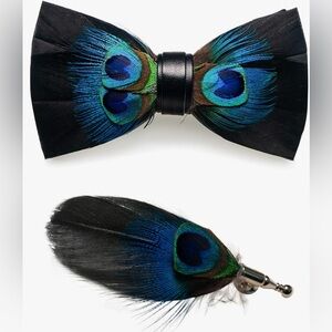 Handmade Feather Pre-tied Bow tie and Brooch Set